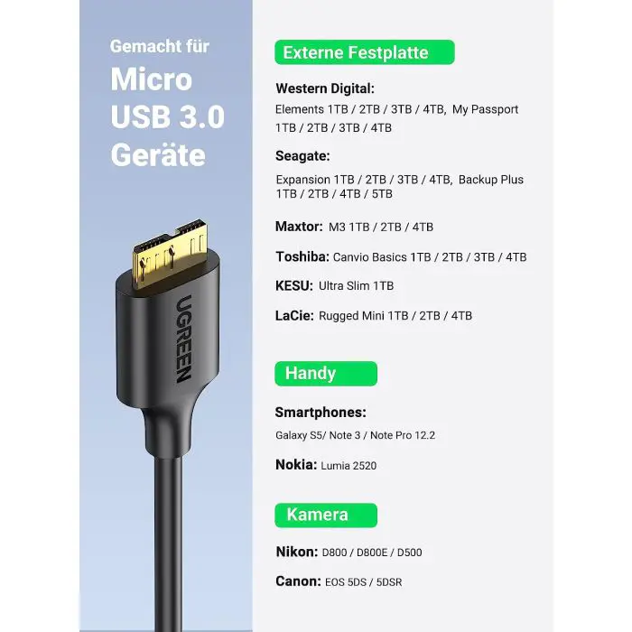 Ugreen USB 3.0 cable USB A to Micro B, 1m.