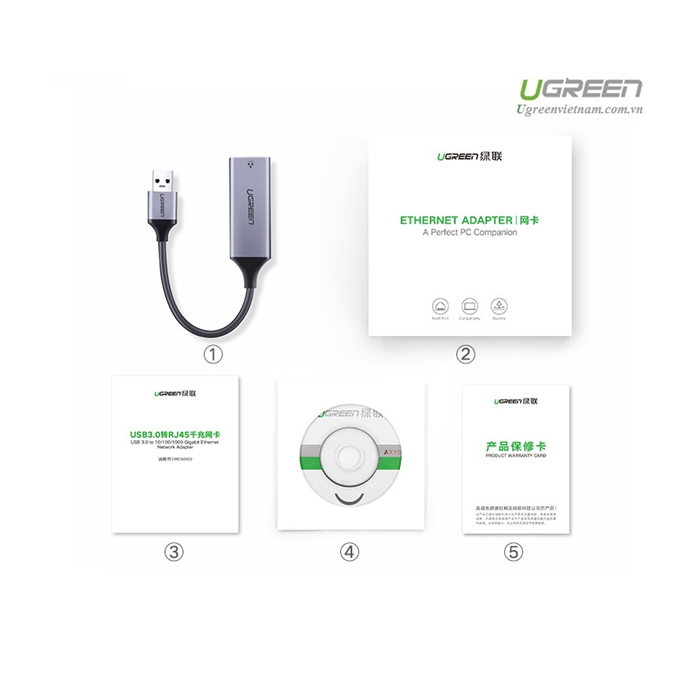 Ugreen USB 3.0 Gigabit Ethernet Adapter network card gray - box