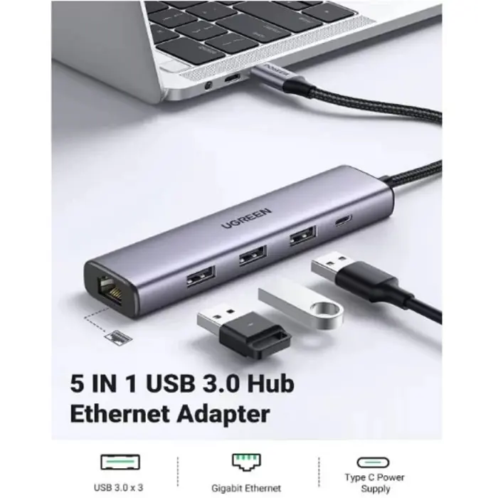 UGREEN USB HUB, USB 3.0 na Gigabit + 3xUSB 3.0 sa USB-C Power Port USB 3.0, 1000Mbps