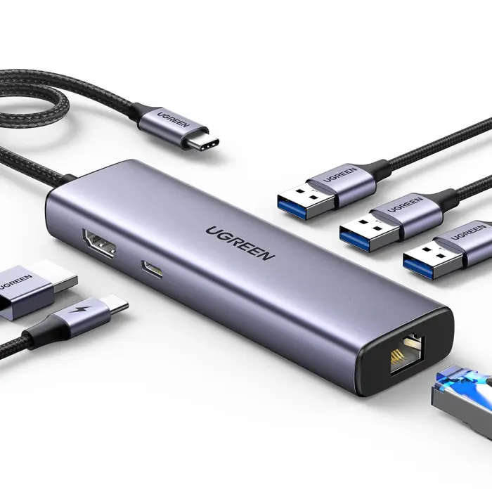 UGREEN USB Hub, USB-C na 3xUSB 3.0 A, HDMI, RJ45, PD