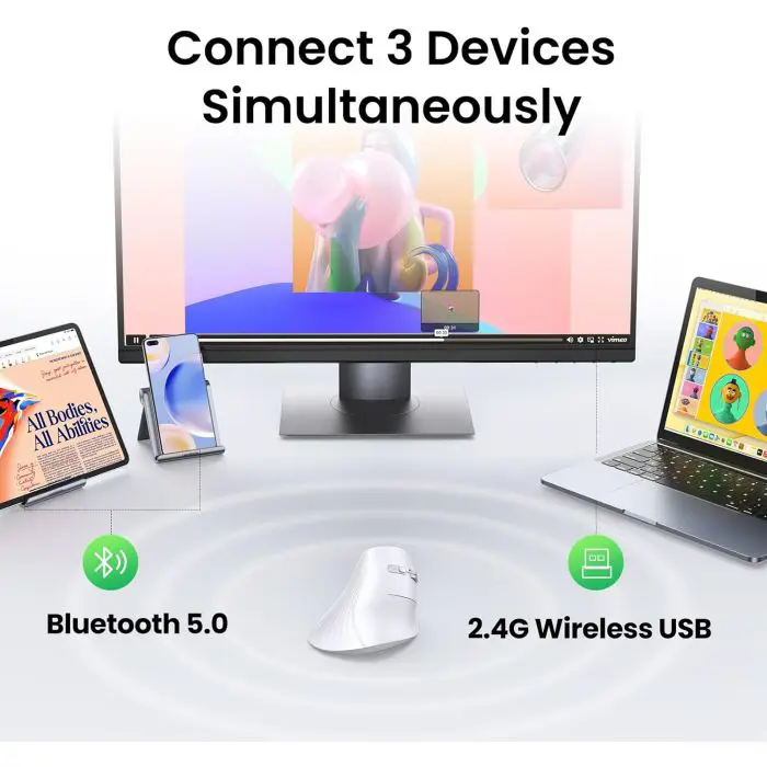 Ugreen wireless ergonomic vertical mouse with Bluetooth and Wi-Fi connection - white