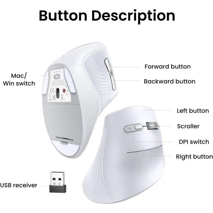 Ugreen wireless ergonomic vertical mouse with Bluetooth and Wi-Fi connection - white
