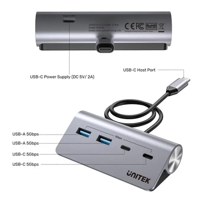 UNITEK HUB USB-C 2X USB-C 2X USB-A 5GBPS ALU