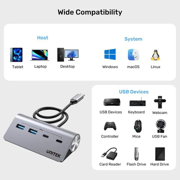 UNITEK HUB USB-C 2X USB-C 2X USB-A 5GBPS ALU