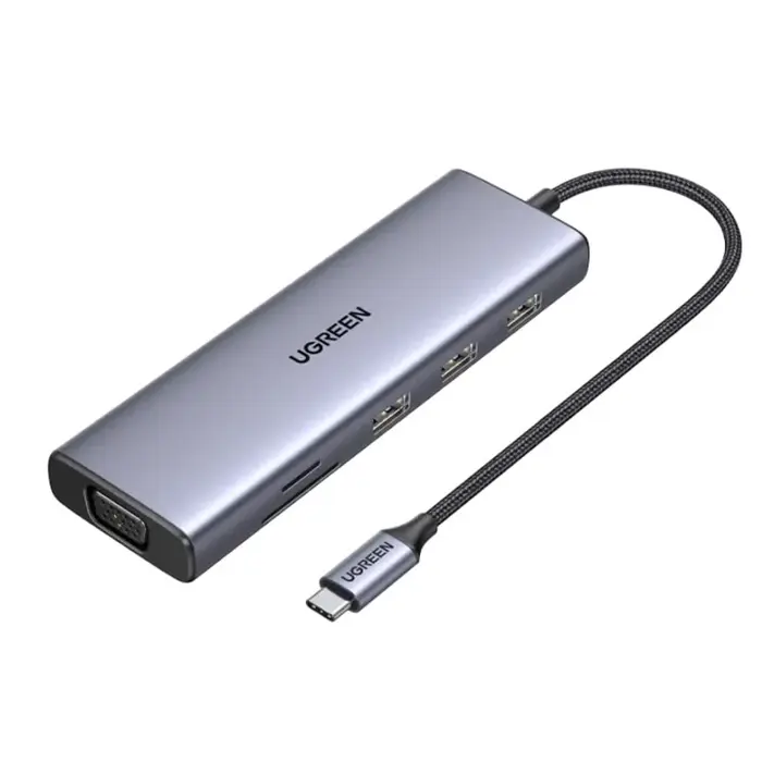 USB HUB UGREEN, USB-C na 3xUSB 3.0 A, VGA, HDMI,  RJ45 Gigabit, SD/TF, PD,3.5mm sivi