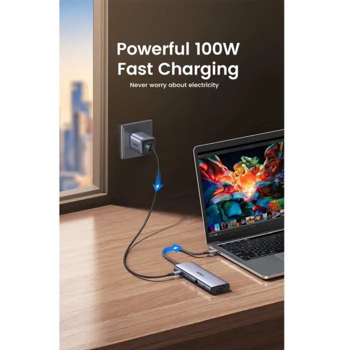 USB HUB UGREEN, USB-C na 3xUSB 3.0 A, VGA, HDMI,  RJ45 Gigabit, SD/TF, PD,3.5mm sivi