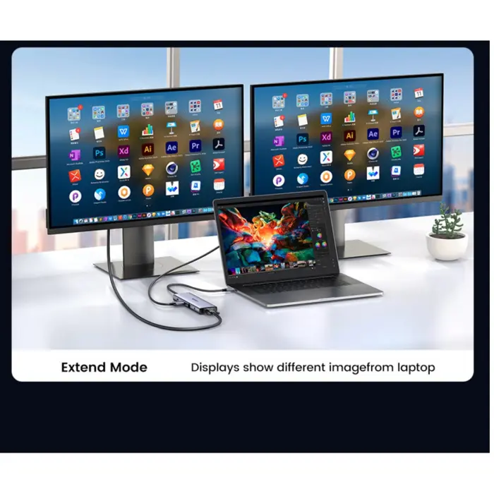 USB HUB UGREEN, USB-C na 3xUSB 3.0 A, VGA, HDMI,  RJ45 Gigabit, SD/TF, PD,3.5mm sivi
