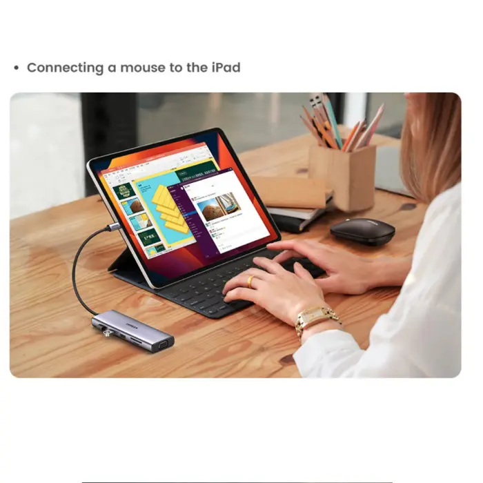 USB HUB UGREEN, USB-C na 3xUSB 3.0 A, VGA, HDMI,  RJ45 Gigabit, SD/TF, PD,3.5mm sivi