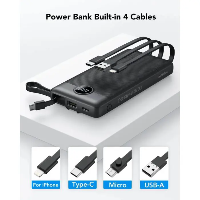 VEGER portable battery with built-in cables C10 10000 mAh, black.