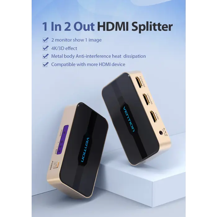 Vention 1 In 2 Out HDMI Splitter 4K@30Hz Gold Aluminum Alloy Type