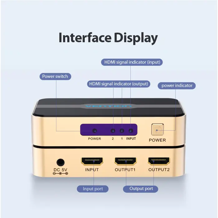 Vention 1 In 2 Out HDMI Splitter 4K@30Hz Gold Aluminum Alloy Type