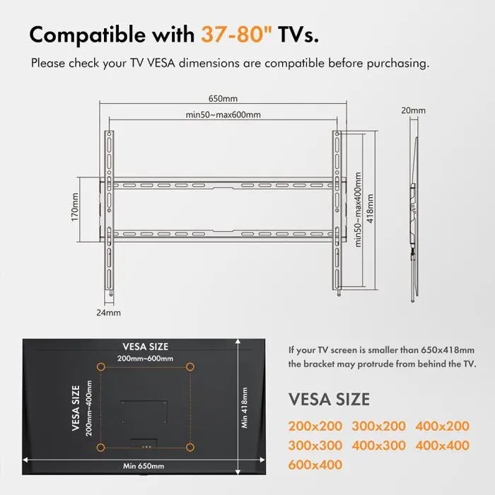 VonHaus 37-70 '' fixed TV wall mount up to 35kg